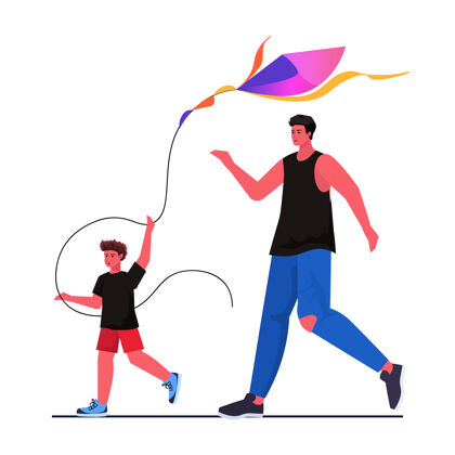 人年轻的父子一起放风筝育儿育儿理念爸爸陪孩子爱儿子活动