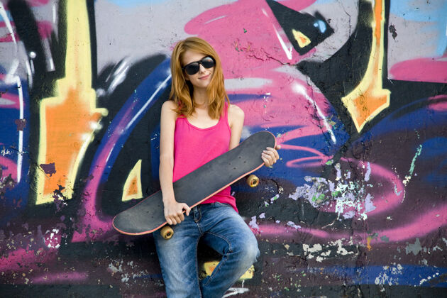 青年在涂鸦墙上用滑板给女孩做造型休闲滑板青少年