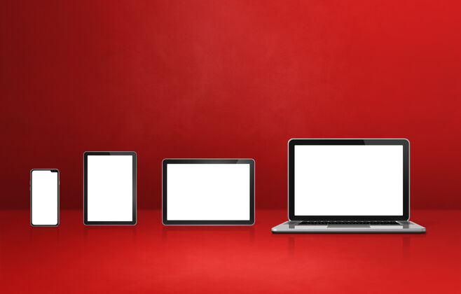 显示器红色办公桌上的笔记本电脑 手机和数字平板电脑3d插图技术屏幕笔记本电脑