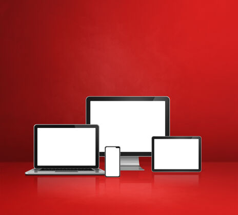 反射电脑 笔记本电脑 手机和数字平板电脑-红色办公桌背景复制空间3d空白