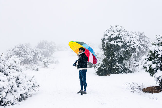 保护一个女人带着一把五颜六色的伞在降雪期间穿过森林的画像降雪雷雨冬天
