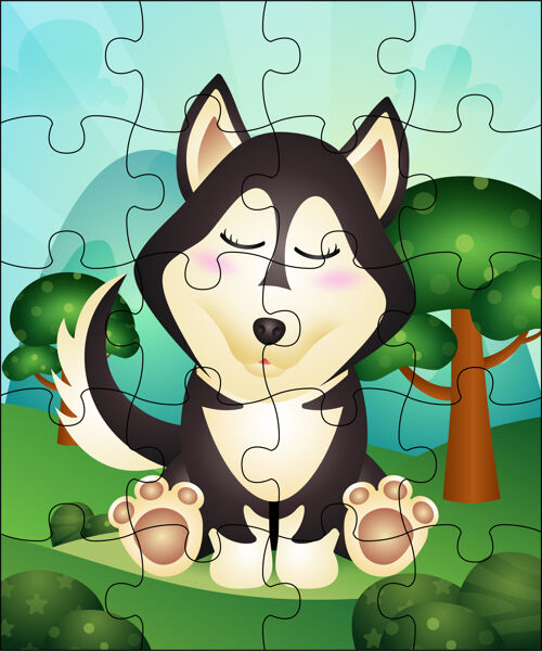 野生儿童益智游戏与可爱的哈士奇狗插图艺术品丛林教育