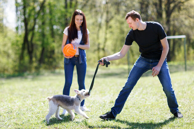 漂亮这对年轻夫妇在一个夏季公园里训练一只狗女孩男人男性