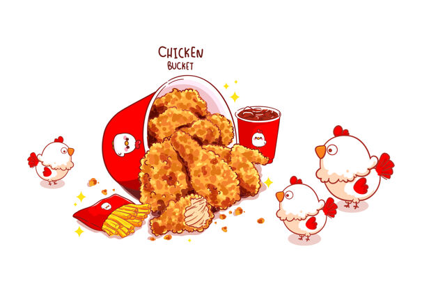 鸡肉炸鸡桶 炸鸡鸡腿和可爱的卡通艺术插图鸡鸡快餐土豆