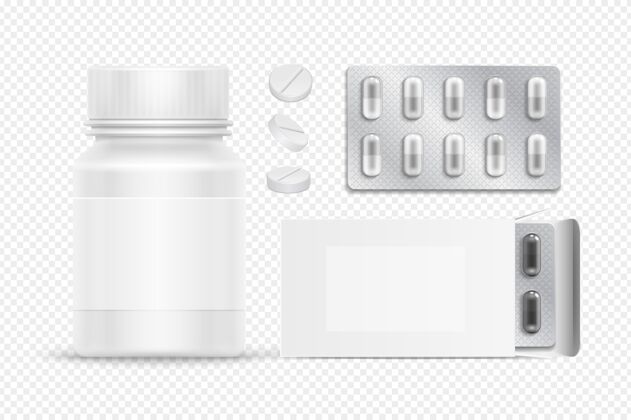 保健医疗包白色药丸塑料瓶和纸板箱现实的药物在银水泡药品护理包装