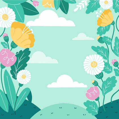可爱清新放松的春天花园背景模板涂鸦画插图优雅叶花园