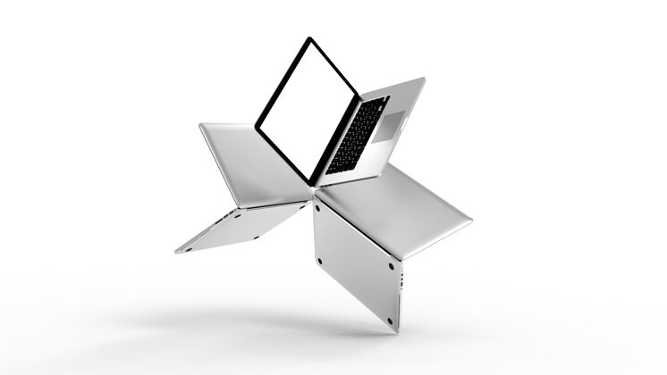 多媒体现代笔记本电脑隔离在白色背景三维插图显示器桌面包装