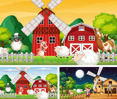 收获不同时期的农场场景兔子家庭场景
