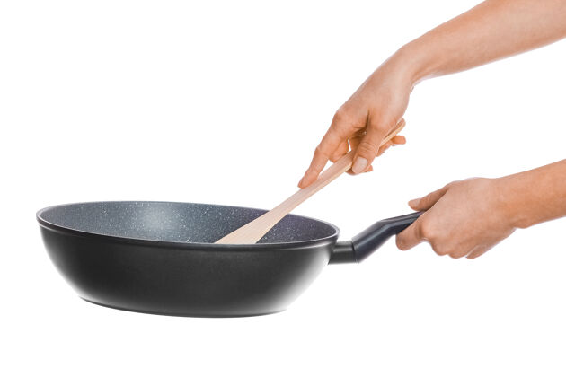 姿势手拿平底锅 背景是白色的锅厨具烹饪