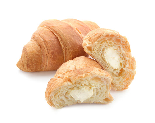 面包美味的新鲜牛角面包 白色面霜传统芳香早餐