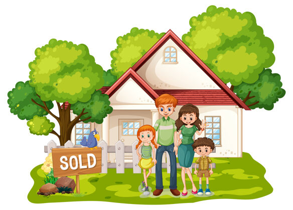 家庭一家人站在白色的房子前待售童年立场风景