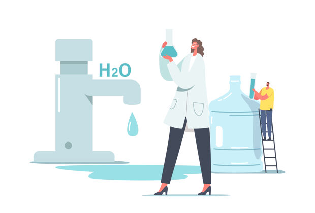 烧杯水里的化学物质插图穿着白色实验室外套的小科学家女性角色拿着烧杯在实验室里研究水玻璃器皿科学水