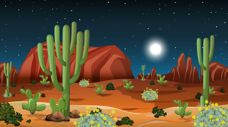 月亮夜景中的沙漠森林景观鹅卵石天气卡通