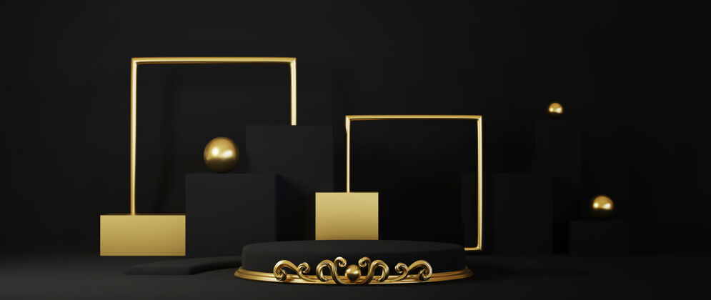 展台在黑色背景 金色框架 纪念板 抽象简约概念 豪华简约模型上的独立基座的3d渲染空灯光优雅