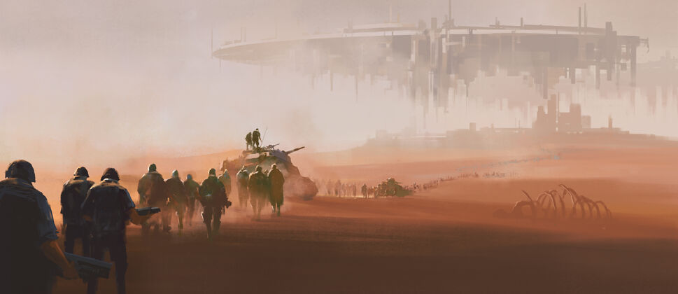 遗产一群武装部队在沙漠中行走远处是一艘巨大的外星母舰漂浮在空中3d插图和数字绘画俘虏沙漠旧