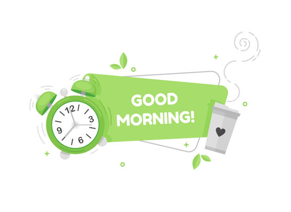 早上好早上好可爱的横幅与闹钟和咖啡杯在平面设计海报时钟早上