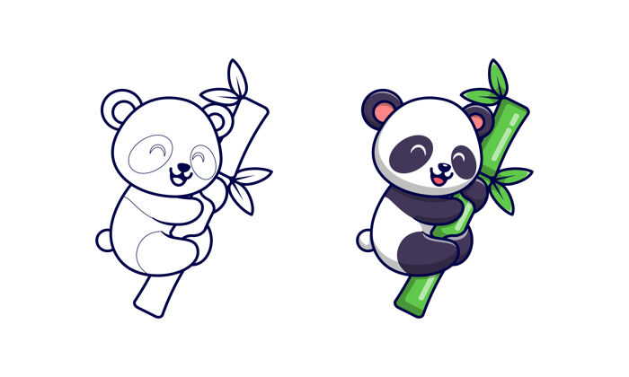 套装可爱的熊猫竹卡通彩页为孩子们动物熊猫扁平