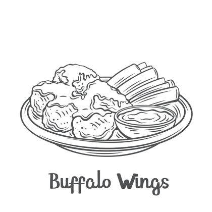 碗水牛翅膀轮廓icon.drawn烤鸡翅配芹菜梗和沙司线条年份单色