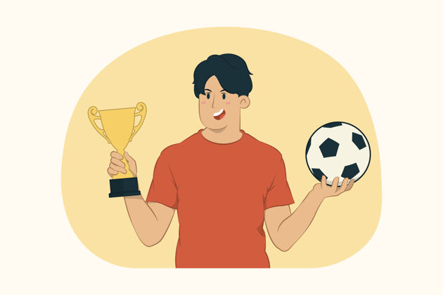 表情青年足球迷捧金杯概念足球青少年人