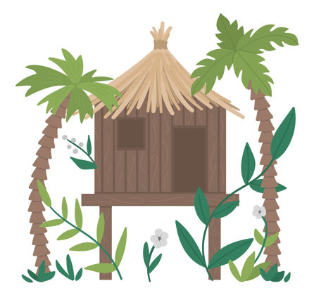 生活棕榈树和树叶孤立的丛林鸟鸣插图高跷上的热带平房图片可爱有趣的热带雨林异国情调的房子自然花海滩