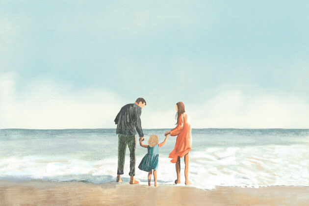 海洋家庭在海滩背景色铅笔插图自然家庭父亲