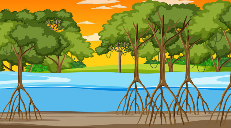 卡通日落时分红树林的自然景色 卡通风格日出木日落