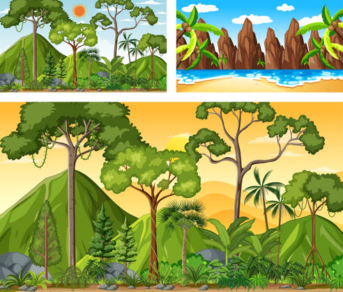 海洋卡通风格的不同自然横景森林树外面