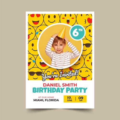 生日平面表情与照片生日邀请模板孩子生日聚会表情生日请柬模板