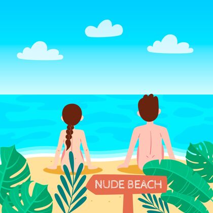 裸体主义海滩平面设计自然主义概念插图夏天裸体海滩
