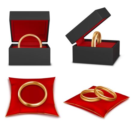 圆形美丽的结婚戒指现实的插图集婚礼婚戒礼品盒