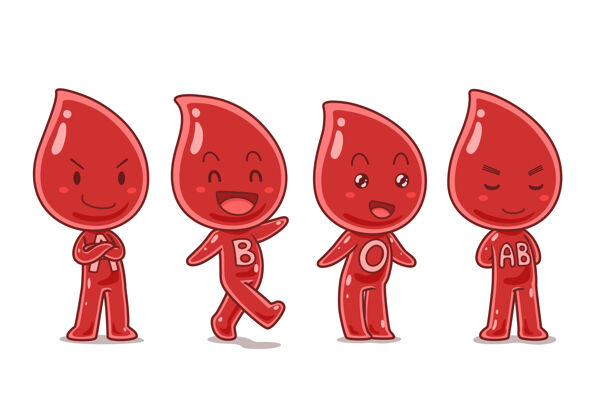 捐献者一组血型卡通人物在不同的姿势符号输血姿势