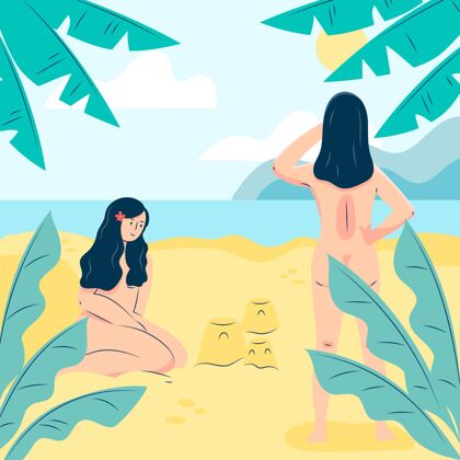 裸体主义海滩平面设计自然主义概念插图夏天成人裸体主义