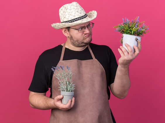 举行年轻的男园丁戴着园艺帽 抱着花盆里的花 看着隔离在粉红色墙上的花花花园帽子