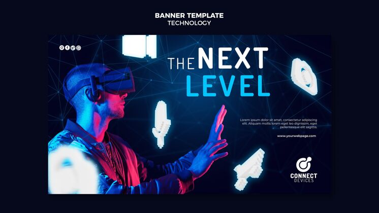水平未来虚拟现实横幅模板虚拟现代娱乐