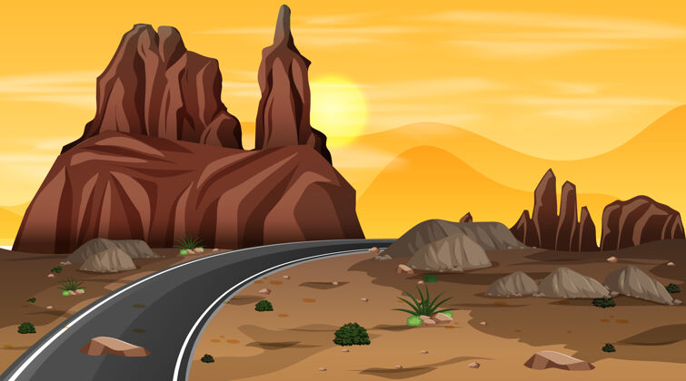 炎热沙漠森林景观 夜景 路漫漫仙人掌卡通道路