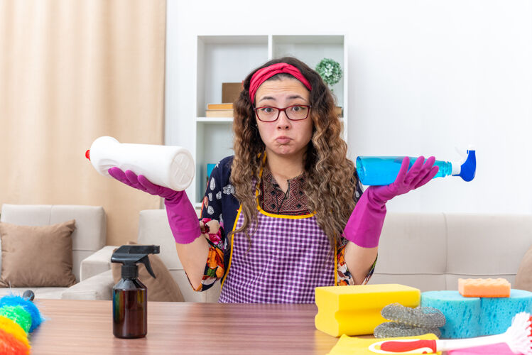 手套年轻女子戴着橡胶手套坐在桌子旁 拿着清洁用品和工具困惑地试图在光线充足的客厅里做出选择光清洁尝试