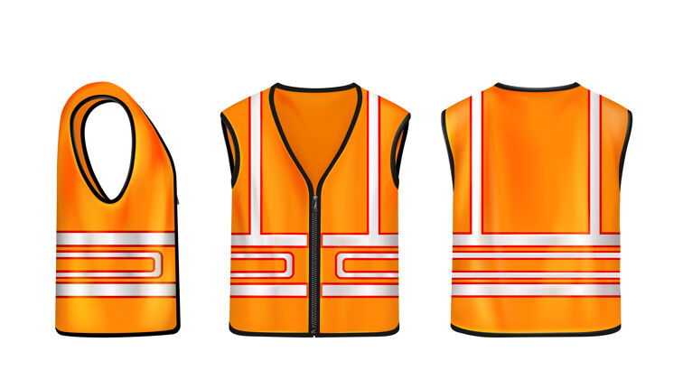 无袖安全背心正面和背面看橙色无袖夹克反光条纹道路工程逼真防护工作