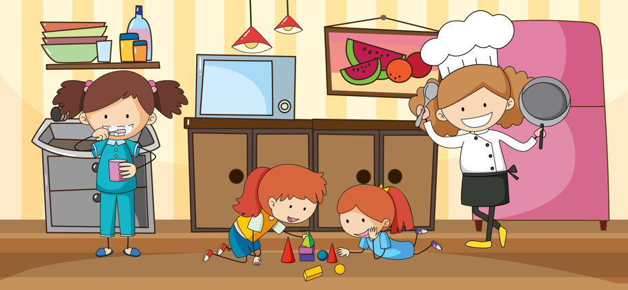 女性空白厨房场景与许多孩子涂鸦卡通人物自然情感水平