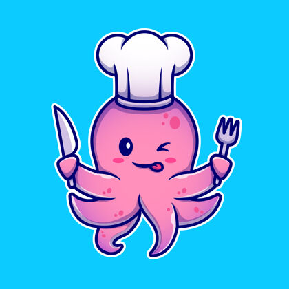 软体动物章鱼厨师手握刀叉卡通人物动物食品隔离自然烹饪海洋