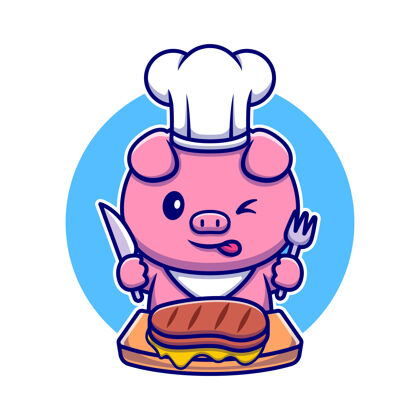 烹饪可爱的猪厨师正在吃牛排卡通人物动物隔离食品叉子微笑美味