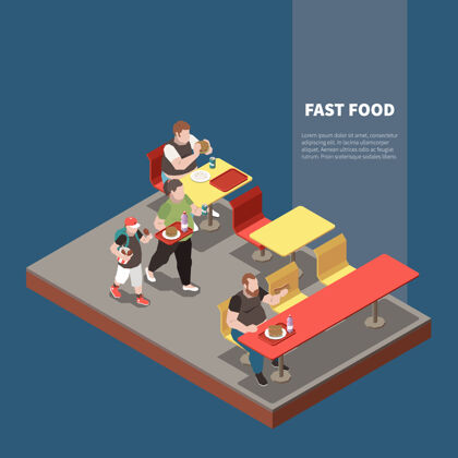 快餐暴食等距插图与肥胖的人在快餐店三维垃圾人食物