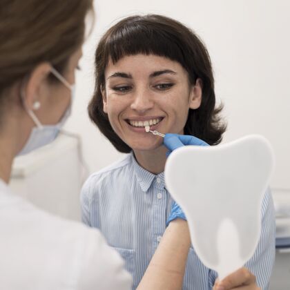 工作年轻女性患者在牙科手术前照镜子检查牙齿匹配情况职业广场女性