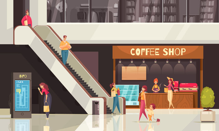 购物彩色平板购物电梯组成与咖啡厅和其他商店周围咖啡构图公寓