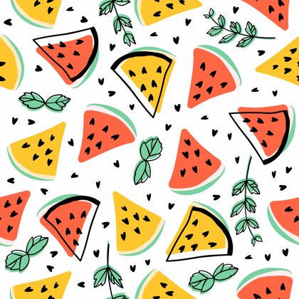 五颜六色西瓜和薄荷的无缝图案食物切片涂鸦设计