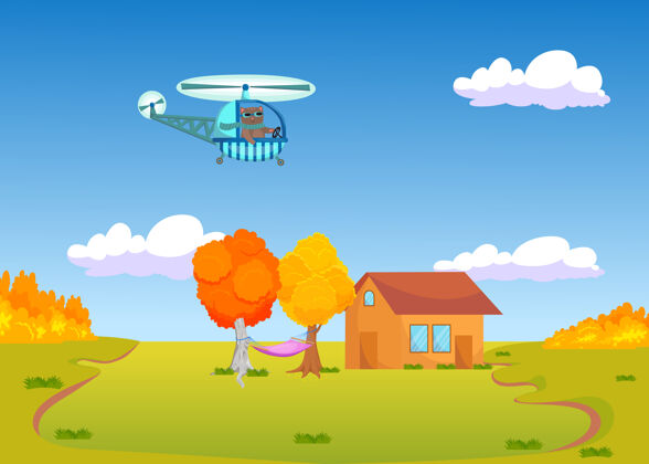 围巾可爱的卡通猫飞过秋天的风景直升机动物天空可爱