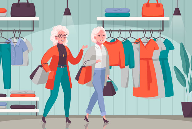 时尚老年妇女和老年人一起购物 在百货商店挑选衣服组成购物女性