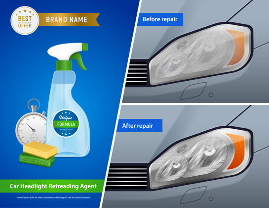 广告汽车前照灯修复套件广告真实成分与清洗剂喷洒海绵前后后代理套件