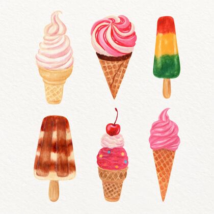 夏天手绘水彩画冰淇淋系列食物套餐手绘