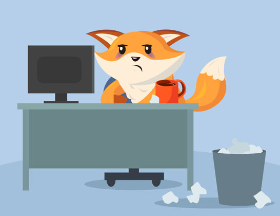 辛苦悲伤而疲惫的卡通狐狸坐在办公室里精疲力尽桌子情绪