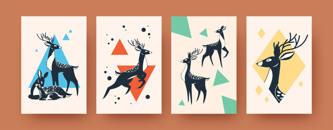 形状一套抽象横幅与鹿在斯堪的纳维亚风格创意鹿家庭和角动物插图森林动物和野生动物的概念设计墨水野生